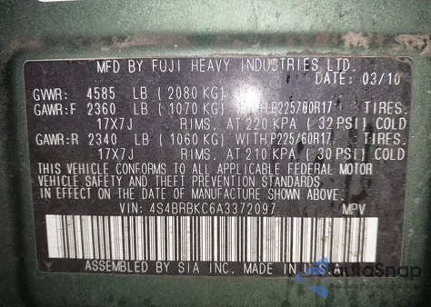 2010 Subaru Outback 2.5I Limited from USA, damaged, VIN 4S4BRBKC6A3372097